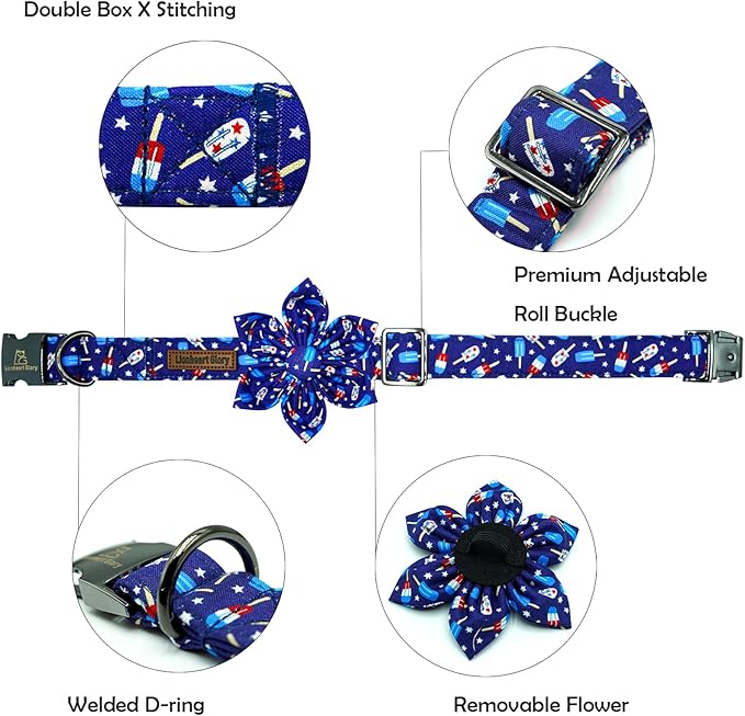 Lionheart glory American Flag Dog Collar 4 of July Dog Collars with Flower Independence Patriotic Dog Flower Collars Heavy Duty Adjustable Collar Flower for Large Dogs Pet Gift