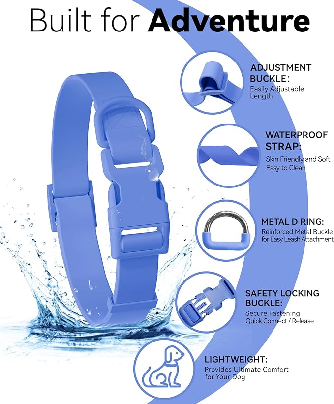 Waterproof Dog Collar, Rubber Adjustable Collars with Quick Release Buckle, Odor-Resistant, Easy to Clean Pet Collars for Small Medium or Large Dogs (Blue, L 15.4-24.8 inch)
