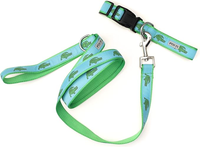 THE WORTHY DOG 5 FT Nylon Dog Leash for Medium to Large Dogs, Metal Quick Clip, Alligators Pattern, Blue, Large