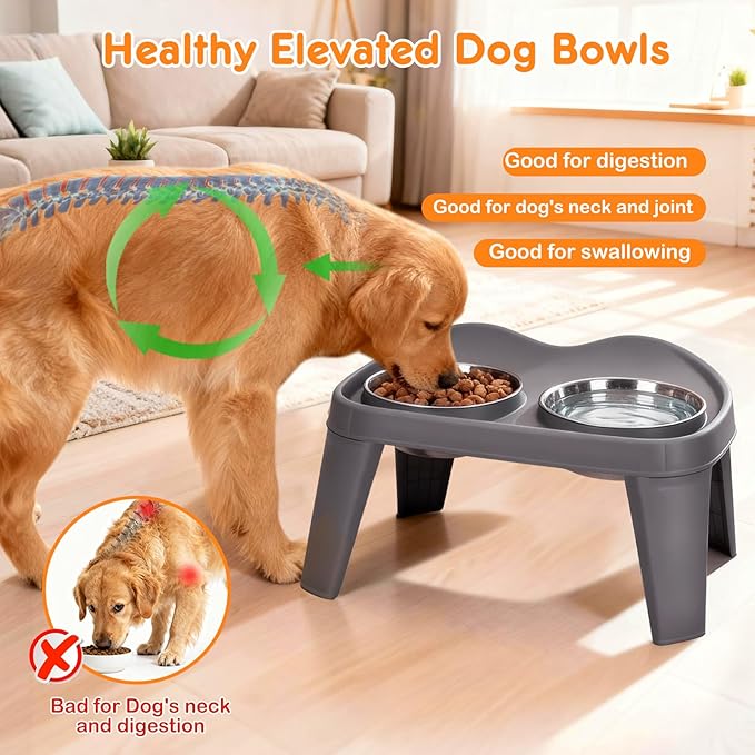 Petizer Large Sized Elevated Dog Bowls, No Spill Raised Height Stand Dog Feeder with 2 Thick 60OZ Stainless Steel Food and Water Bowl Set, Grey, for Medium Large, Food Dishes with Non-Slip Feet