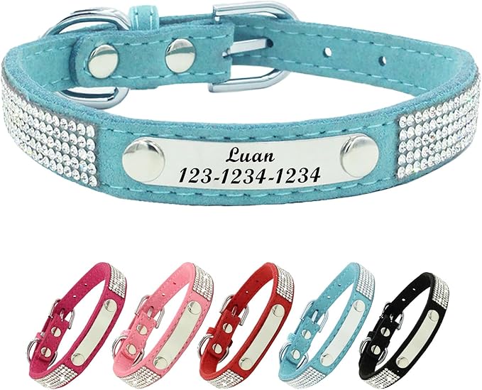 Personalized Dog Collar with Rhinestone Name Tag - Glitter Polyester Collar Adjustable [Sky Blue，L]
