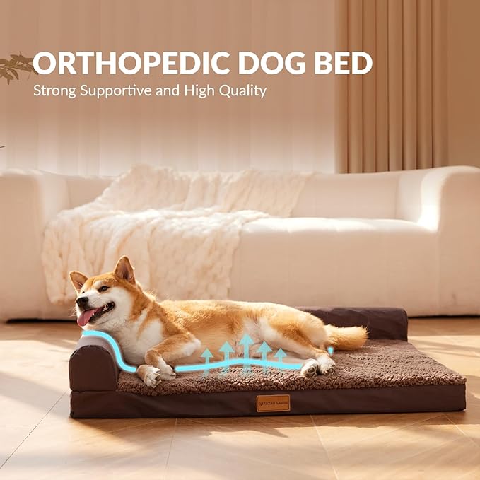 Patas Lague Orthopedic Dog Bed Medium Size Dog 30''X20'', Waterproof L Bolster Medium Pet Sofa Beds with Removable Washable Cover, Soft Comfortable Pet Couch Crate Mat with Nonskid Bottom, Brown