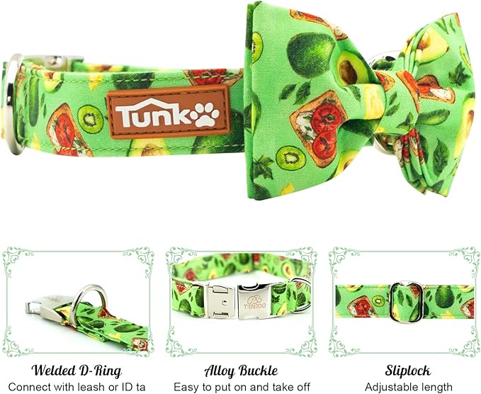 Tunkoo Dog Collar Avocado Floral Bow Tie Unique Style Super Soft Comfy Adjustable Cotton Collar with Premium Metal Buckle, for Puppy and Cat Small Medium Large Pet Supplies（Avocado，L）