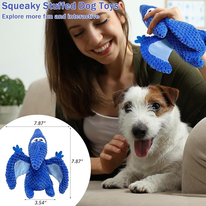 LWBMG Squeaky Dog Toys Plush Dog Toy with Crinkle Paper Dinosaur Dog Toy Stuffed Animals Chew Toy Plush Squeaky Dog Birthday Toys for Small Medium Large Dogs Green Blue