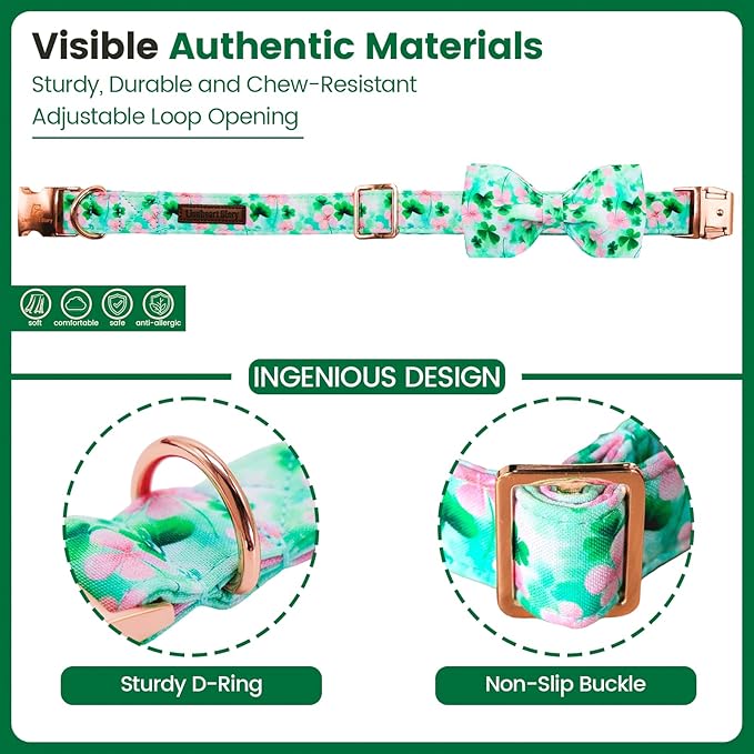 Lionheart glory St. Patrick's Day Dog Collar with Bowtie - Lucky Clover Shamrock Dog Bow Collar for Medium DogsGreen Pink Spring Trefoil Collars Bow Soft Adjustable Collars