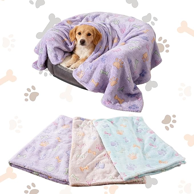 Rezutan Dog Blankets for 3 Pack Medium Blanket Cat Soft Fuzzy Blankets Washable,Soft Comfort Flannel,Pet Blanket,Reversible Dog Paw Print,30 x 20 inch,Purple/Green/Brown
