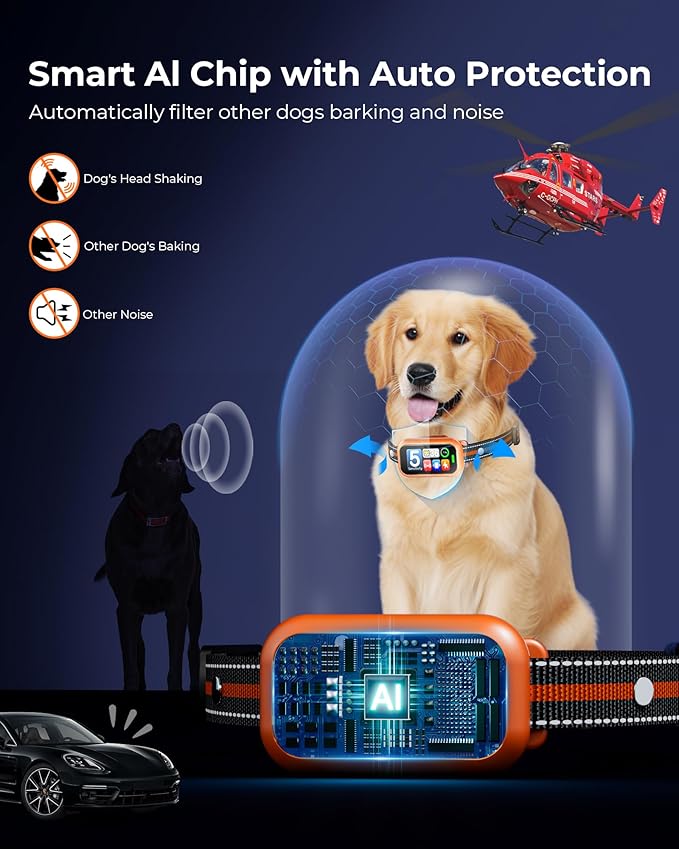 Upgraded Dog Bark Collar, Smart AI Barking Collar with 5 Modes & 5 Adjustable Sensitivity & Bark Counter, Waterproof Activated Shock Collar for Small Medium Large Dogs 8-150lbs with AirTag Case