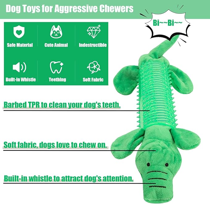 2025 New Dog Chew Toys for Aggressive Chewers, Tough Interactive Plush Squeaky Toys with TPR Rubber, Dog Toys for Small/Medium/Large Dogs Breed (D Crocodile + Hippo)