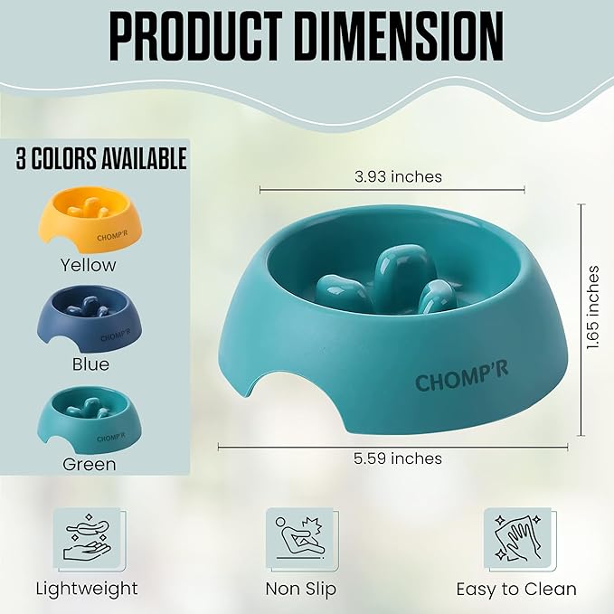 CHOMP'R Slow Feeder Dog Bowl for Small Breeds, Food Grade Interactive Puzzle Feeder, Non Slip Bowl to Slow Down Eating, Anti-Choking Mini Maze for Small Dogs Cats Puppies, Blue