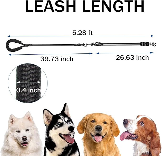 Heavy Duty 3 Dog Leash for Large Dogs No Tangle Detachable 360° Swivel Device with Padded Handle for Two/Three Pets