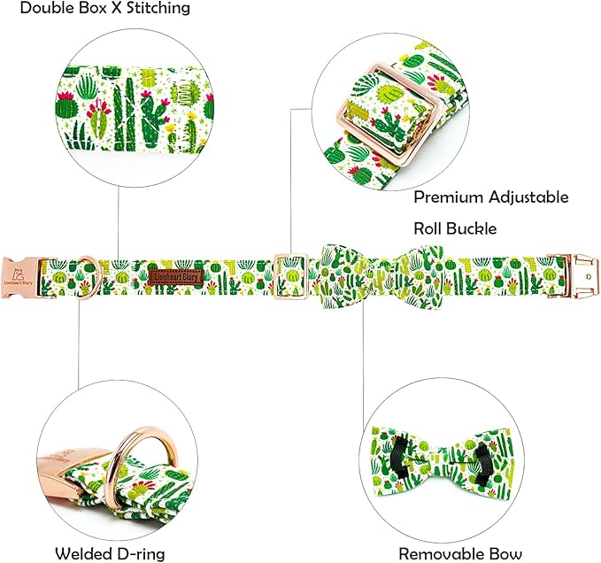 Lionheart glory Dog Bow Collar Green Cactus Print Collars for Medium Dogs,Spring Summer Cute Dog Collar with Bowtie Pet Collars Bows Pet Gift