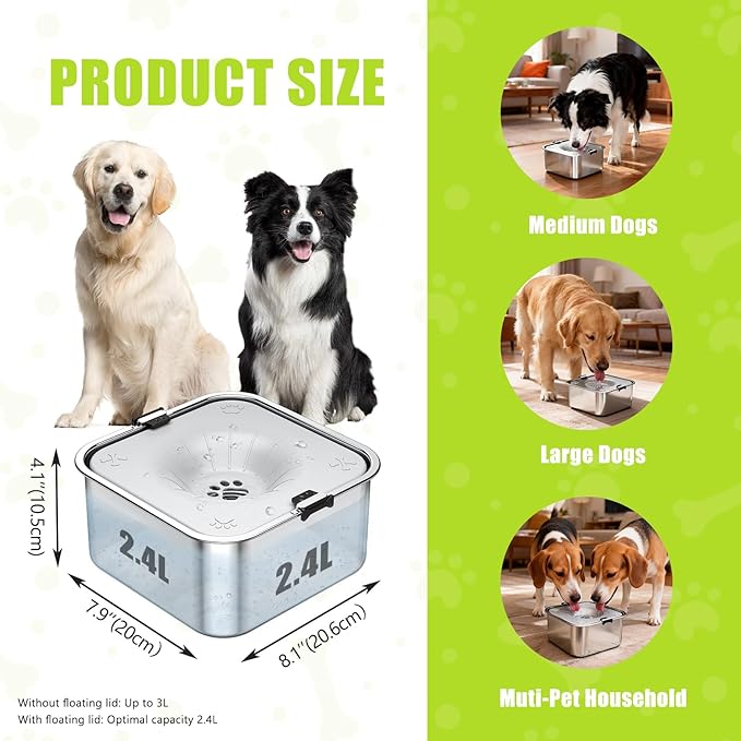 No Spill Dog Water Bowl 3L/101oz Stainless Steel Slow Drinking Water Bowls with Floating Disk, Anti-Splash Spill Proof Dog Dispenser for Messy Drinkers, Home & Travel Use (Light Gray)