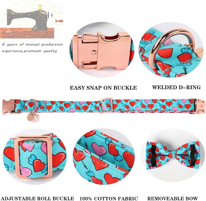 DOGWONG Valentine Dog Collar with Bow, Blue Heart, Soft Cotton, Perfect Fit for Small Dogs
