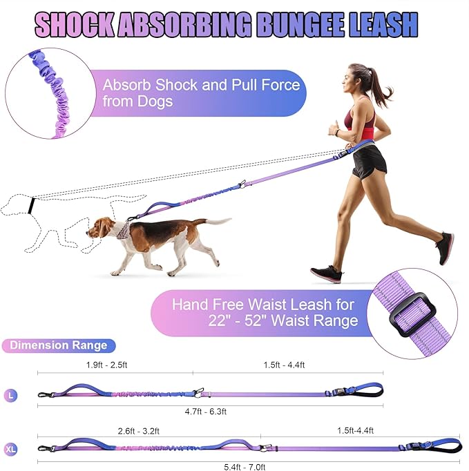 Heavy Duty Hands Free Dog Leash, 4-6 FT Reflective Adjustable Waist Dog Leash Belt with Padded Handles, Shock Absorbing Bungee and Car Seat Belt for Large Medium Dogs (Purple Blue, L)