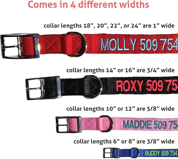 GoTags Custom Embroidered Dog Collar with Metal Buckle, Personalized Dog Collar with Pet Name and Phone Number, 10 Collar Sizes for Puppy and Dogs Extra Small, Small, Medium or Large