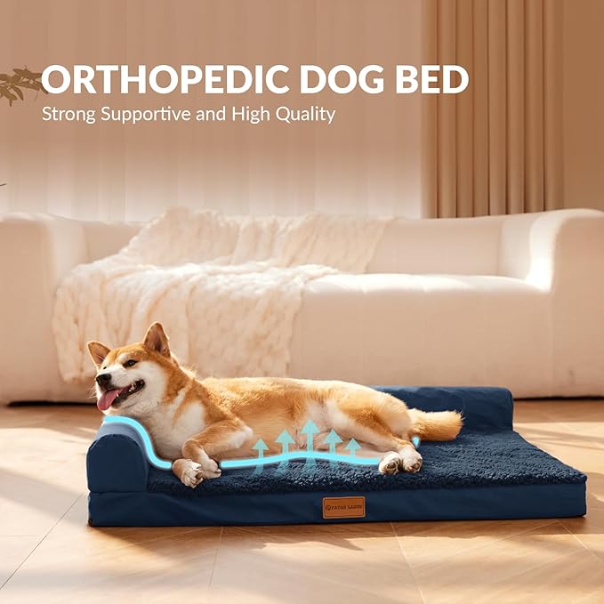 Patas Lague Orthopedic Dog Bed Large Sized Dog 36''X24'', Waterproof L Bolster Medium Pet Sofa Beds with Removable Washable Cover, Soft Comfortable Pet Couch Crate Mat with Nonskid Bottom, Navy Blue
