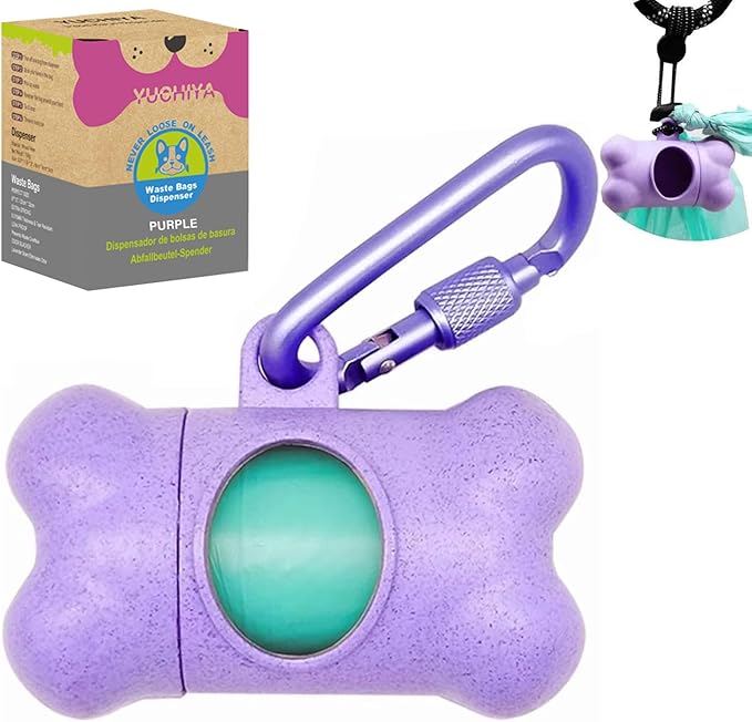 Dog Poop Pickup Bags Holder Dispenser with Standard-Sized Leak-Proof Scented Doggy Waste Bags and Carabiner Hook and Loop Fastener Never Loose on Leash Lead Again (1 Holder 15 Bags, Purple)
