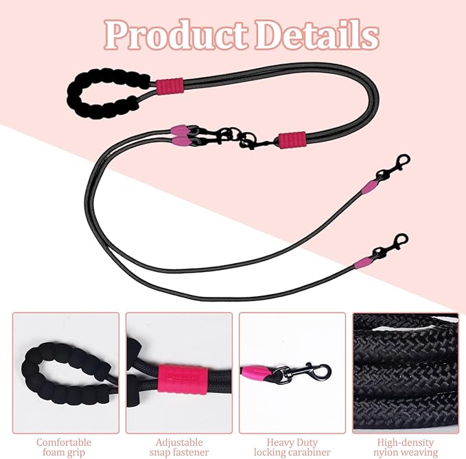 Double Dog Leash No Tangle, Adjustable Split Leads Four Pet Walking Leash with Comfortable Padded Handle for Four Dogs, Hands - Free Dual Leashes for Small/Medium Pets (Black, Four Leashes)
