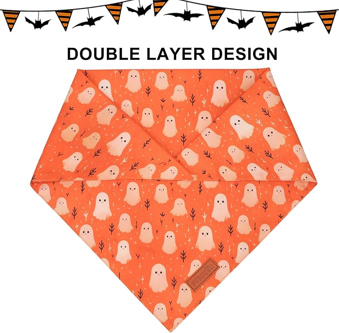 PTDECOR Halloween Dog Bandana, Ghost Pumpkin Design Reversible Holiday Dog Scarf, Triangle Halloween Bandanas for Small Dogs Puppies Cats(Small)
