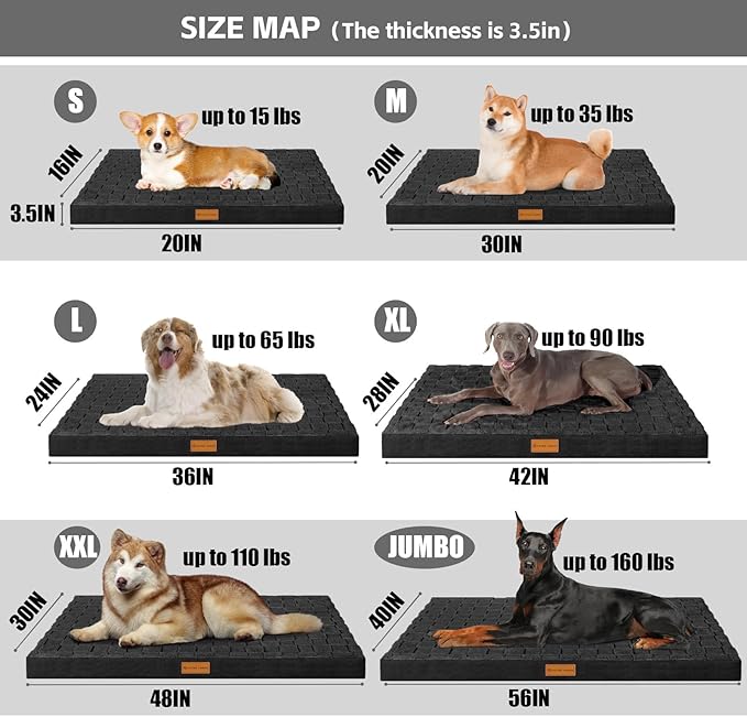 Patas Lague Orthopedic Jumbo Dog Bed for Extra Large Dogs 56''X40'', Waterproof Soft Warm Comfortable Egg Crate Foam Jumbo Pet Beds Mat with Removable Washable Cover and Nonskid Bottom, Black