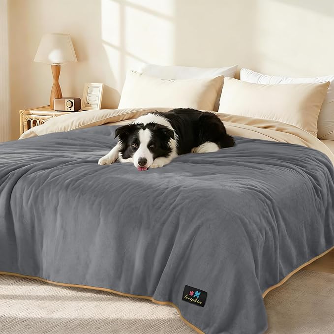 Luciphia Waterproof Pet Blanket, Liquid Pee Proof Dog Blanket for Sofa Bed Couch, Reversible Sherpa Fleece Furniture Protector Cover for Small Medium Large Dogs Cats, Grey+Beige Large（65" x 57"）