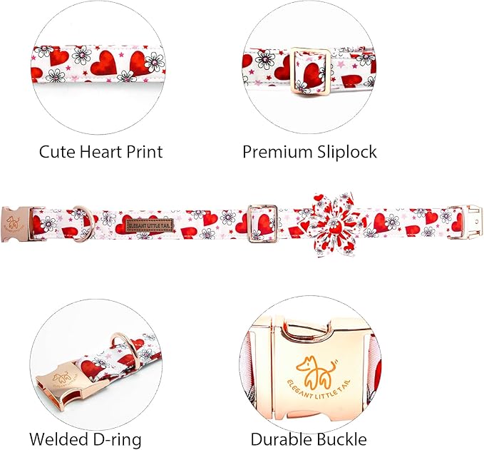 Elegant little tail Valentine's Dog Collar with Flower, Cute Flower with Heart Pet Collars Holiday Female Adjustable Cotton Pet Collar with Flowers for Small Medium Large Dogs