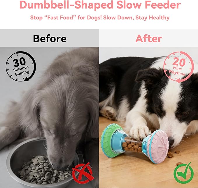 MateeyLife Interactive Dog Roller Puzzle Toy, Durable Dumbbell Dog Toys to Keep Them Busy | Adjustable Treat Dispensing Dog Toys, Slow Feeder & Silent Rolling for Apartment, Pink