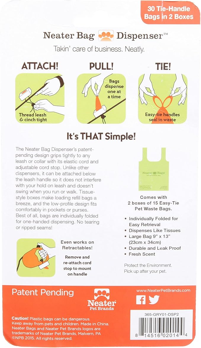 Neater Pet Brands Neater Bags Dog Waste Bag, No Rolls - Dog Poop Bags Dispense One at a Time, Doggie Poop Bag with Easy-Tie Handles, Dispenser Attaches to Any Leash (210 Count, Blue Bone & Paw Print)