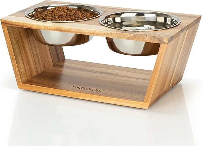 Pawfect Pets Elevated Dog Bowl Stand- 7" Raised Dog Bowl for Medium Dogs. Pet Feeder with Four Stainless Steel Bowls (Acacia)