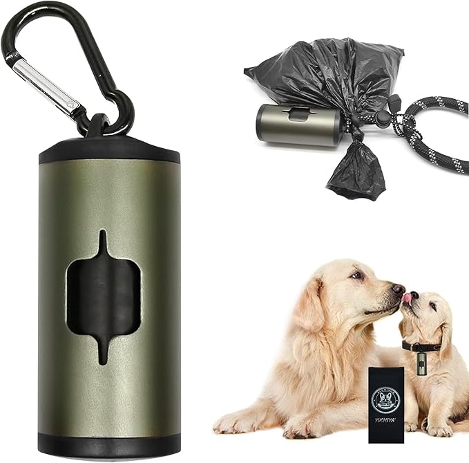 Aluminum Dog Poop Bags Holder with Carabiner Metal Pet Waste Bags Dispenser with Hook and Loop Fastener and Elastic Cord to Carry Used Bags (Olive Green, 1 Holder 15 Bags)