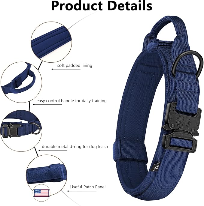 DAGANXI Tactical Dog Collar, Adjustable Military Training Nylon Dog Collar with Control Handle and Heavy Metal Buckle for Medium and Large Dogs, with Patches and Airtags Case (Midnight Blue, M)