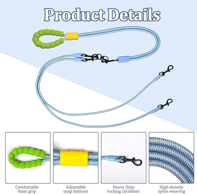 Double Dog Leash No Tangle, Adjustable Split Leads Three Pet Walking Leash with Comfortable Padded Handle for Three Dogs, Hands - Free Three Leashes for Small/Medium Pets (Blue, Three Leashes)
