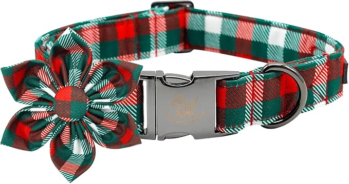 Elegant Little Tail Flower Dog Collar - Adjustable Plaid Christmas Collar for X-Small Puppy