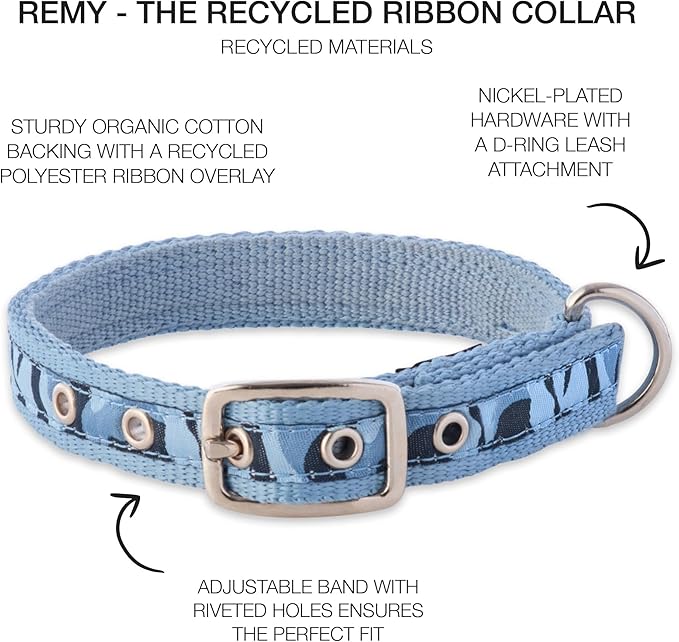 Adjustable Recycled Ribbon Dog Collar for All Pet Breeds, Camo-Navy, Small