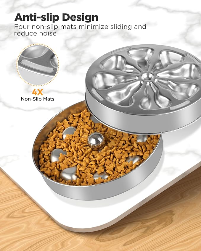 Slow Feeder Dog Bowls – Stainless Steel Non-Slip Metal Bowl for Slow Feeding, 5 Cups Large Capacity, Double-Sided Design for Dry, Wet, or Raw Food, Ideal for Small, Medium, Large Dogs