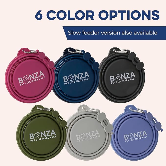 Bonza Collapsible Dog Bowls - 2 Pack, Small 12 oz, Dog Travel Accessories, Silicone Portable Dogs Bowl & Water Dish with Reinforced Rim & Carabiner for Hiking, Camping, and Car Trips, Navy Blue