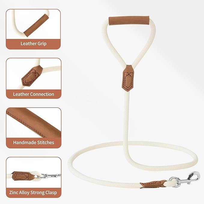 Mile High Life Leather Dog Leash, Heavy Duty Strong Genuine Leather Handle Rope Leash Soft and Comfortable for Small Medium Large Dogs (Cream White, 60 Inch)
