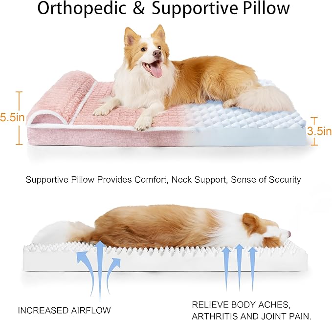 Orthopedic XL Dog Bed Large Sized Dog with Pillow 48''X30'', Waterproof Soft Comfortable Egg Crate Foam Pet Crate Beds Mat with Removable Washable Cover and Non-Slip Bottom, Pink