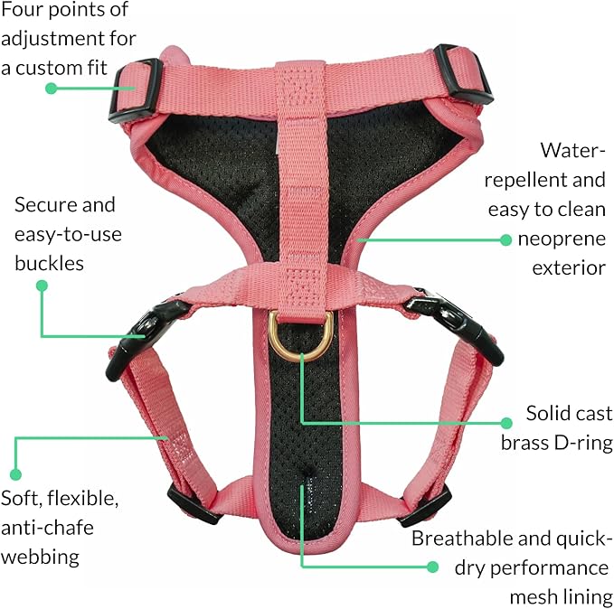 DJANGO Adventure Dog Harness - Stylish, and Durable Medium Dog Harness for Outdoor Adventures and Everyday Wear - Quartz Pink Neoprene Adjustable Harness for Dogs with Reflective Piping, Brass D-Ring