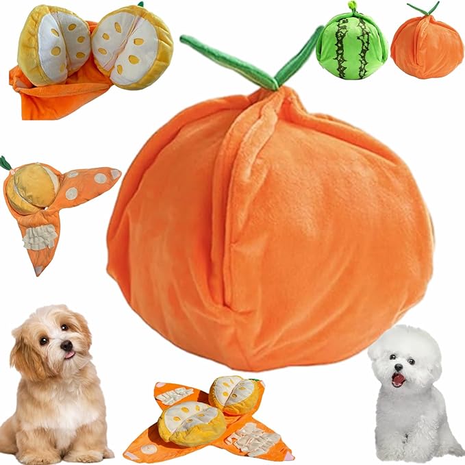 Orange Hide and Seek Plush Dog Toy, Interactive Squeaky Puzzle Toy with Hidden Pockets, Hide and Seek Dog with Crinkle Papers, Watermelon Dog Toy with Squeakers for All Dogs (Orange)