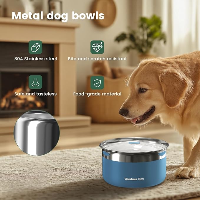 Gardner Pet Dog Bowls 1 Gallon (3.85L) Stainless Steel No Spill Dog Water Bowl, Slow Water Feeder Metal Bowls, Spill Proof Water Dispenser for Large Dogs, Promotes Healthy Hydration(Blue)