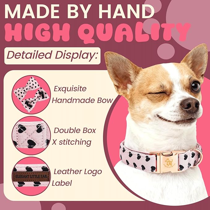 Elegant little tail Valentine's Dog Collar - Pink Black Heart Dog Collars Bowtie Pet Collars with Sturdy Metal Buckle Puppy Adjustable Collar for X-Small Dogs