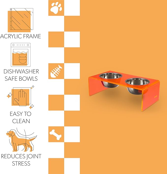 The LICKER Store DBL2001E Keaton 7.5" Medium/Large Modern Acrylic Rectangular Elevated Pet Feeder with 54oz 2-Stainless Steel Bowls, Pink/Chrome