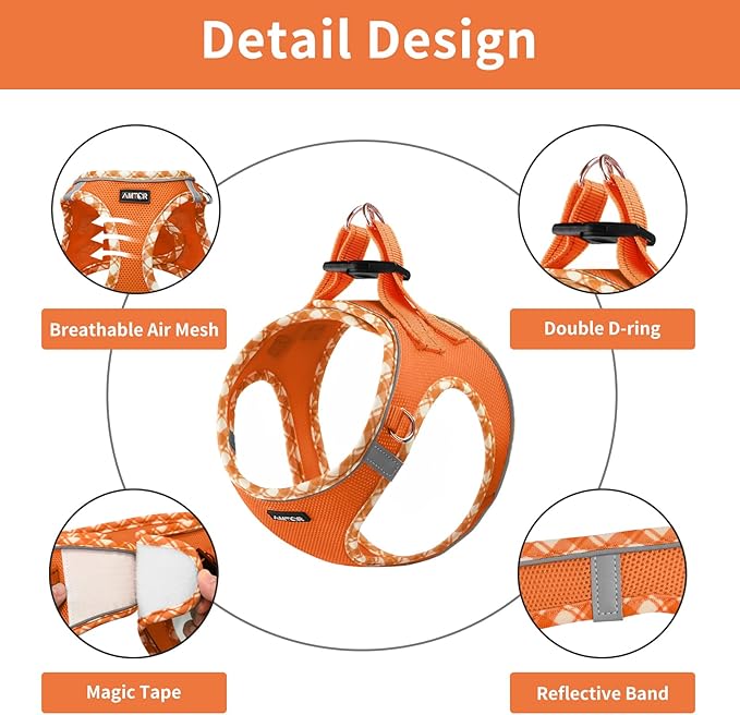 AMTOR Small Dog Harness with Leash Set, No Escape Easy Walk Puppy Harnesses for Training Walking, Step-in Reflective Soft Dogs Vest for XS S Medium Extra-Small Large Sized Dog(XL Size,Orange/White)