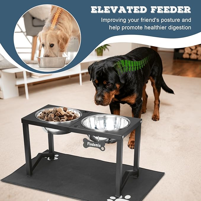 Elevated Dog Bowls, Metal Raised Dog Bowl Stand with Two Thick 111oz Capacity Stainless Steel Food Bowls & Non-Slip Mat - 14" Tall for Large/Extra Large Breeds