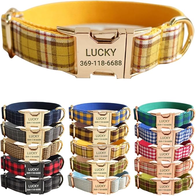 PETDURO Personalized Plaid Dog Collar Lemon Yellow - Engraved Name and Phone Number on Gold Metal Buckle - Custom for Small Medium Large Boy Girl Dogs - Add Leash Bow Tie via Customize Now