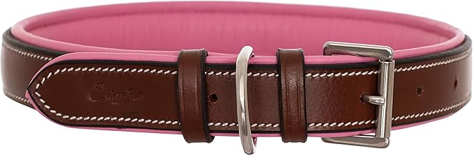 Exion Geniun Leather Dog Collar Designer Stitched Soft Leather Padded- Suitable for Small Medium Large X-Large Dogs for Walking Running- Oak Brown with Pink Padding