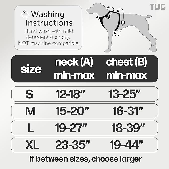 TUG Dog Harness with 2 Leash Connection Points | Adjustable, Padded, Lightweight | Handle on Back | No-Pull Front Clip (Large, Black)