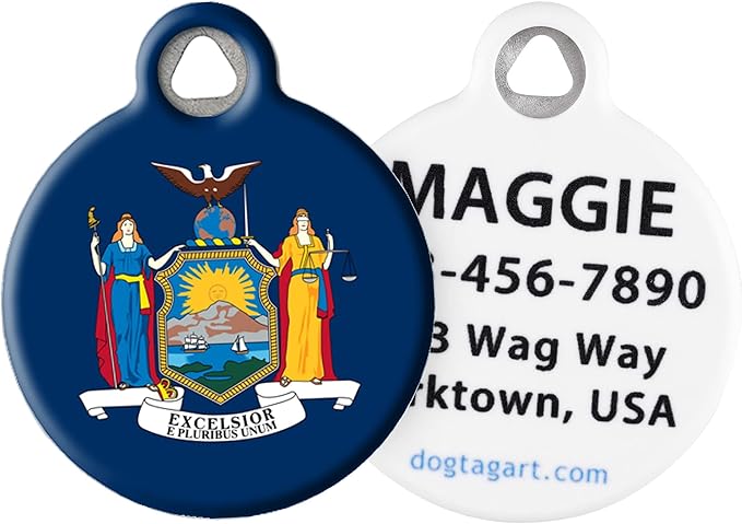 Dog Tag Art New York State Flag Personalized Pet ID Tag for Dogs and Cats, Silent Polymer Coated Stainless Steel New York Nametag - Large 1.25" Diameter