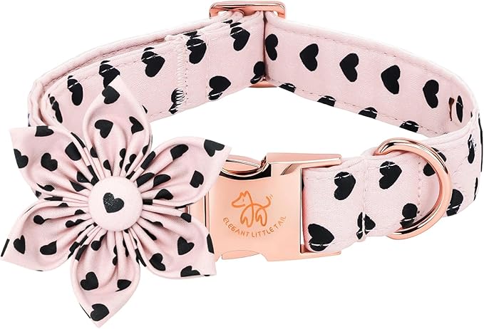 Elegant little tail Valentine's Dog Collar - Pink Black Heart Dog Collars Flower Pet Collars with Sturdy Metal Buckle Puppy Flower Adjustable Collar for Large Dogs